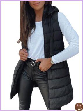 Women Sleeveless Hooded Long Puffer Vest Winter Quilted Zipper Pockets